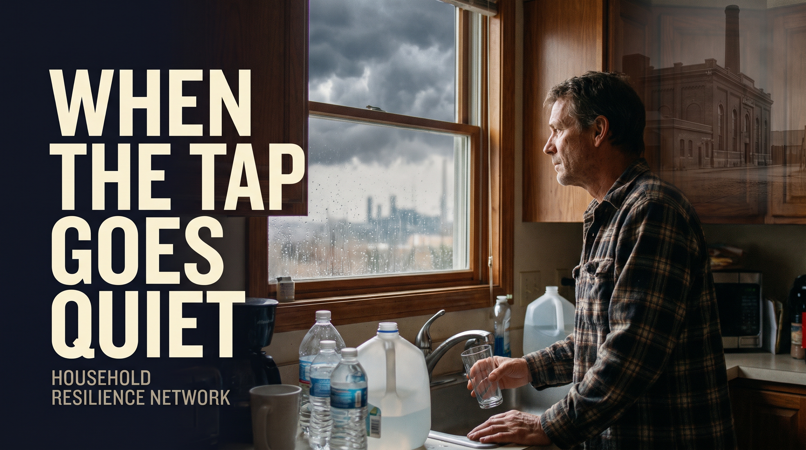 Illustrative documentary-style montage: A man about 55 at an ordinary kitchen sink holding an empty drinking glass, water bottles visible, storm clouds beyond window. Subtle faded photographic city pumping station in background, connection between electricity and water. Calm preparedness, not disaster panic.