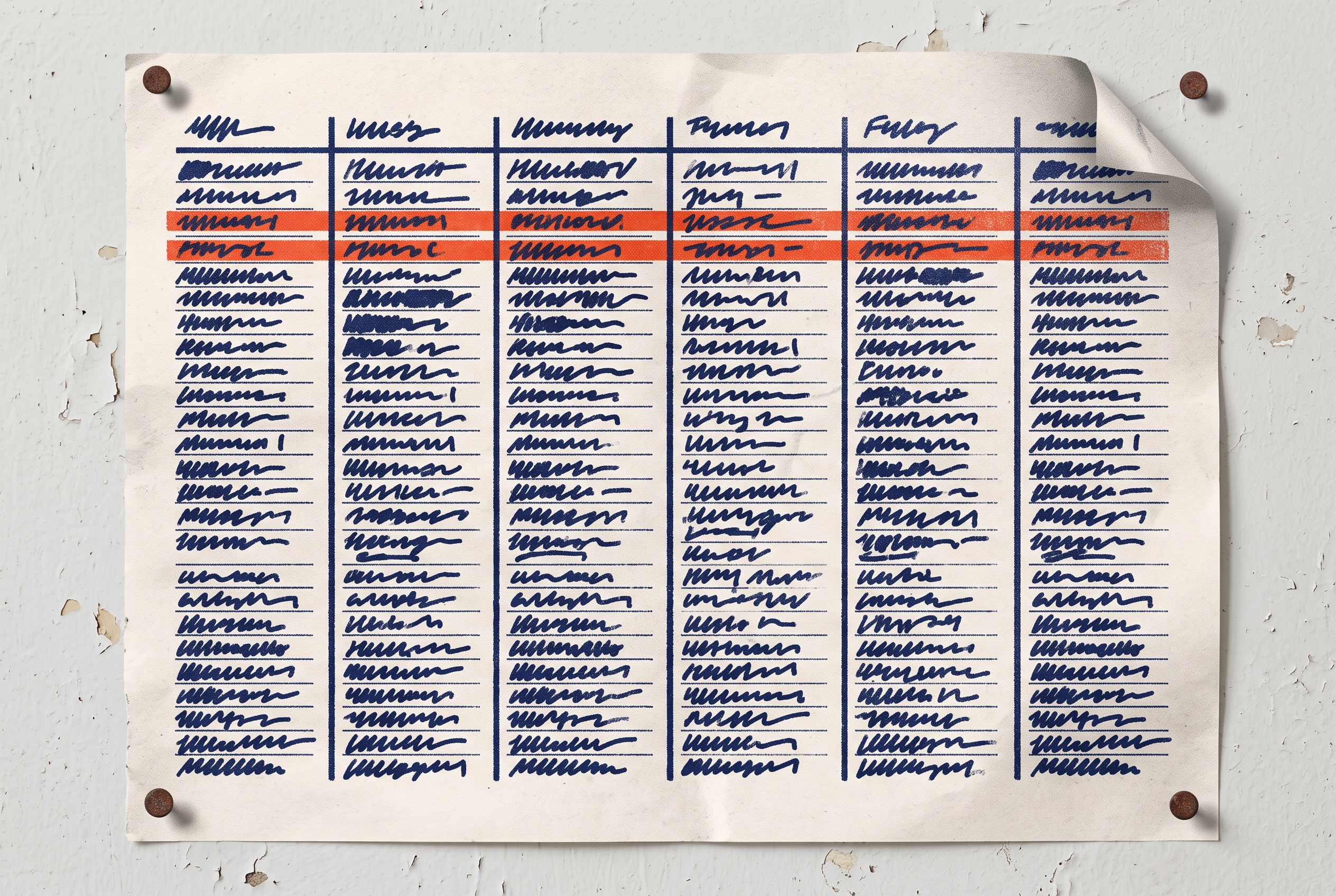Riso-style illustration of a pinned reference chart with two rows highlighted