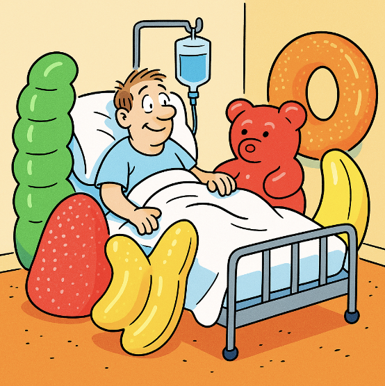 A man clutching his stomach amid piles of colorful gummies, in an exaggerated cartoon style - Vibrant colors, cartoon style with exaggerated content. An art style mix of Family Circus and The Jetsons.
