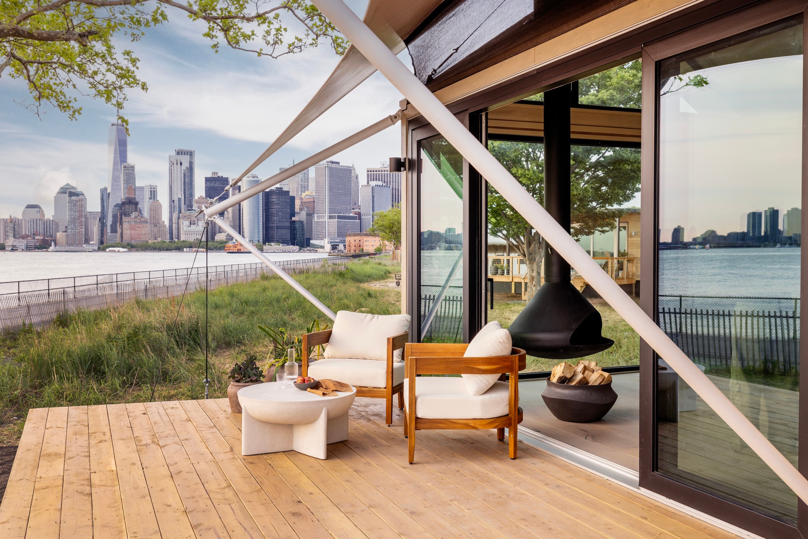 Private deck with Manhattan views at Collective Retreats Governors Island