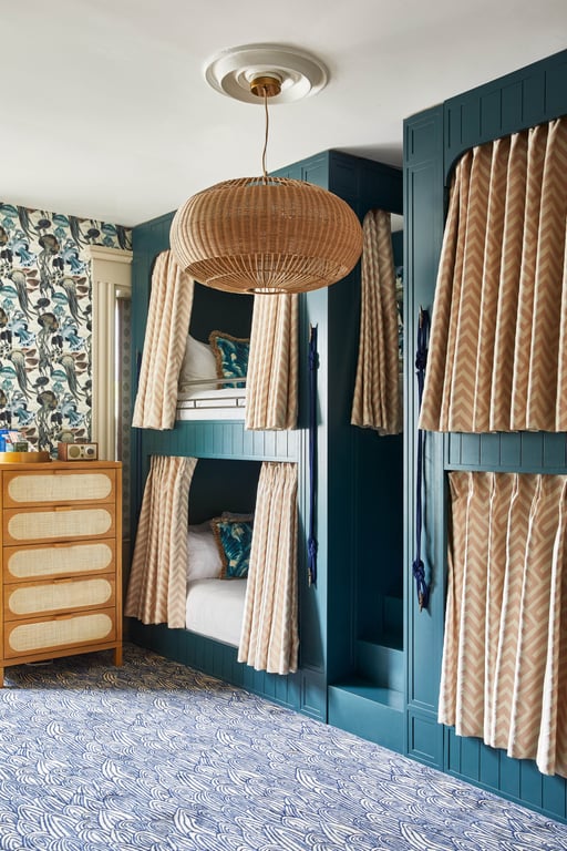 Whimsical blue guest room wardrobe with woven pendant light at Faraway Nantucket