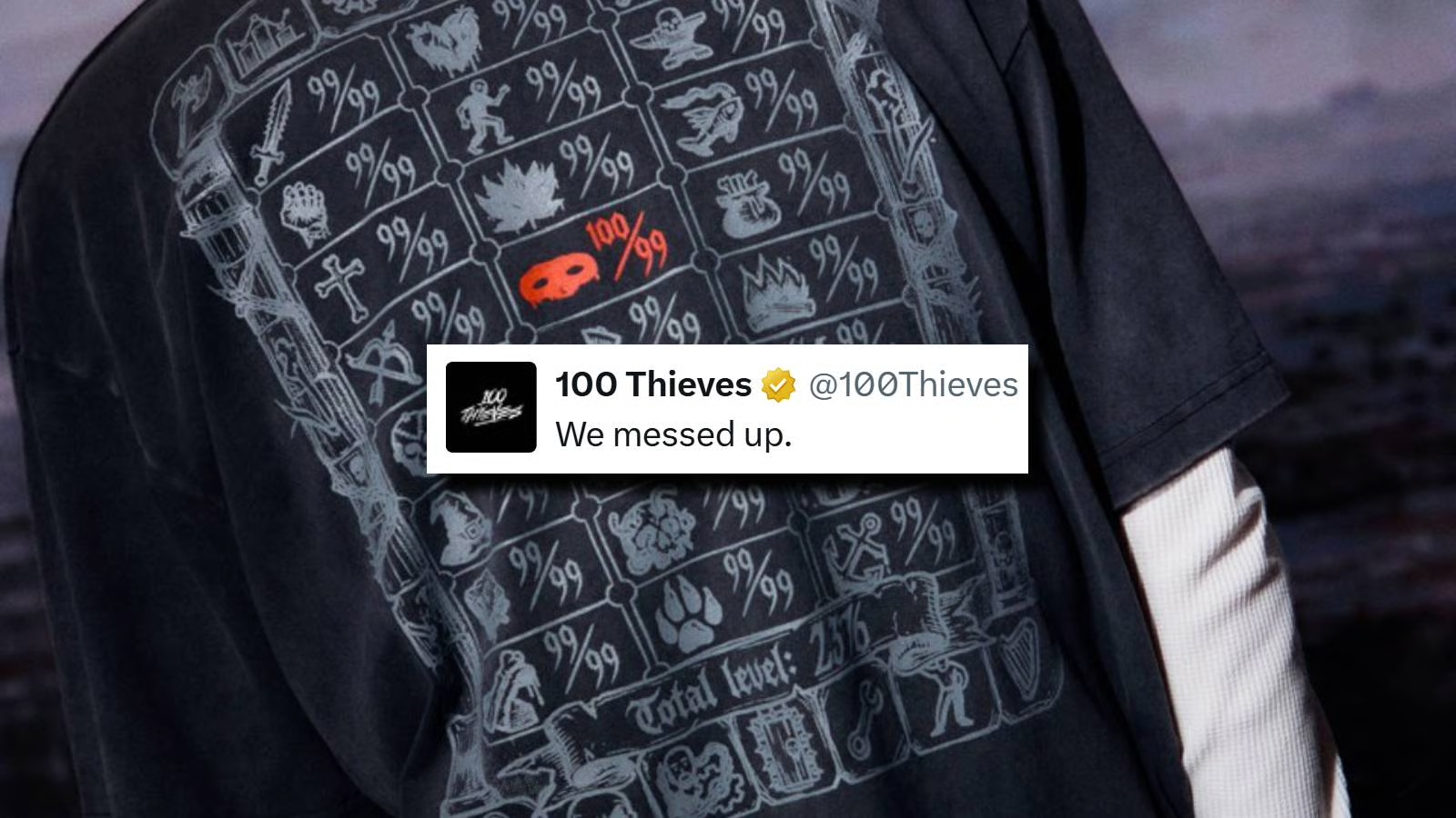 The 100 Thieves Old School RuneScape shirt with garbled AI skill icons
