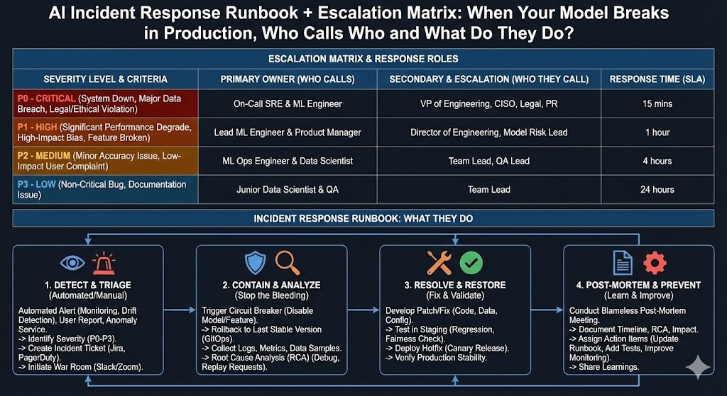 AI Incident Response Runbook + Escalation Matrix
