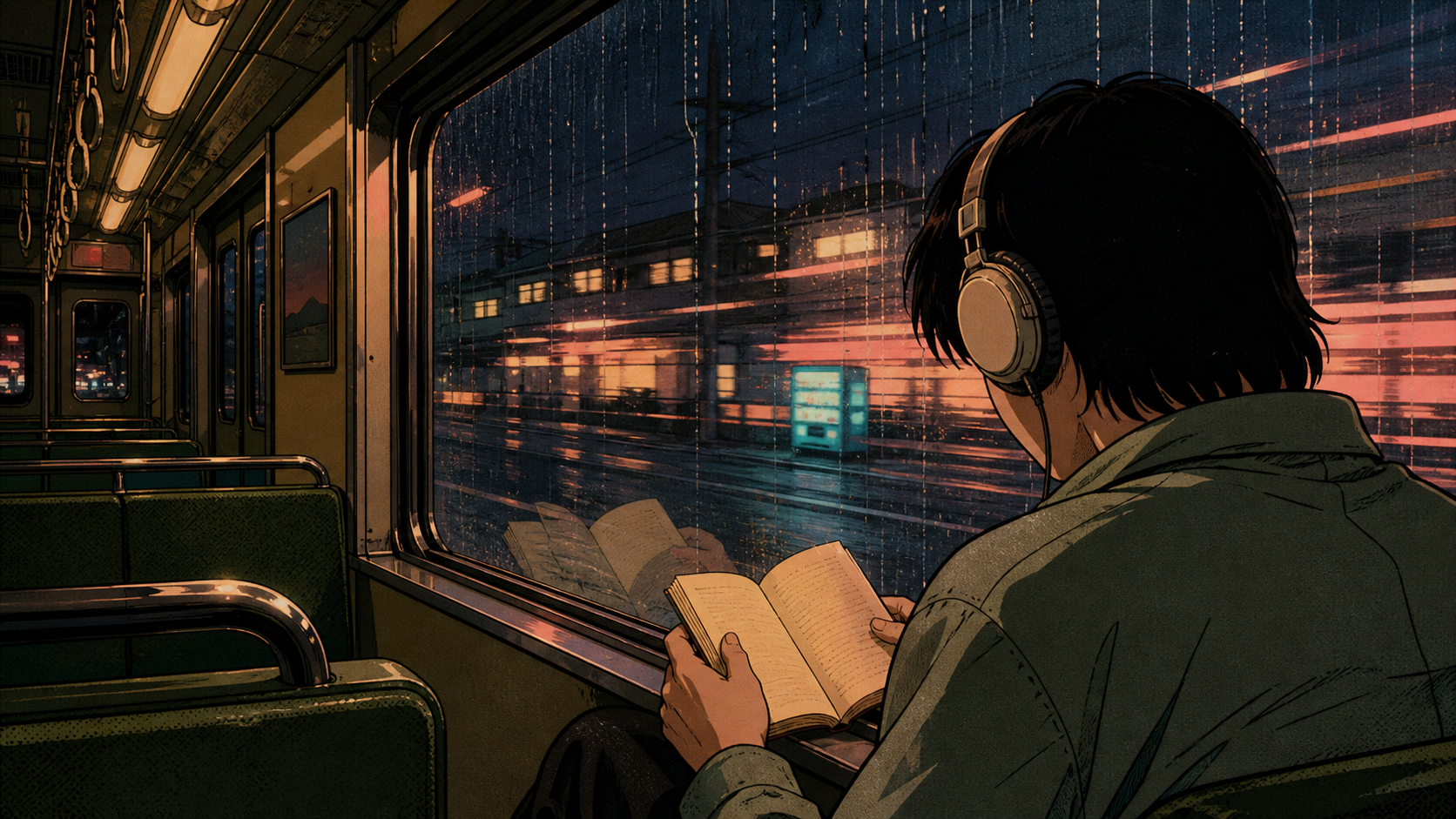 A figure on a near-empty late-evening Japanese train, headphones on, forehead almost touching a rain-streaked window. The world outside is a blurred smear of warm city lights — a sound-stream that won't resolve into shapes. The reflection of the figure's hands holding a small worn paperback overlays the streaks: page form and air form on the same pane of glass.