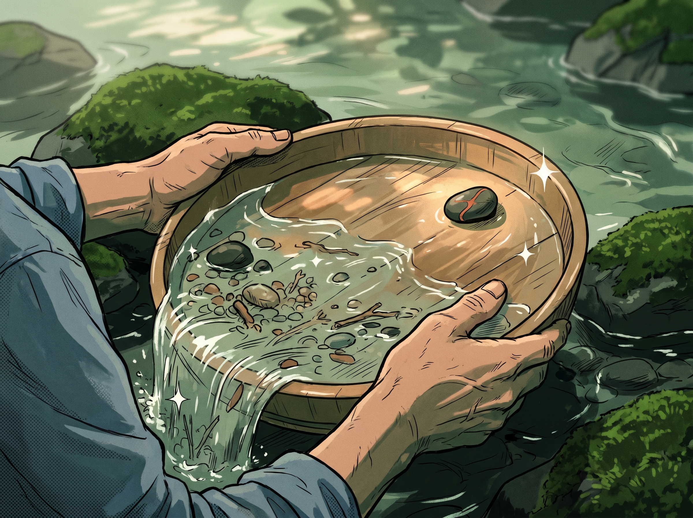 A craftsman's hands hold a wooden pan in a clear mountain stream, water and gravel washing past the rim while one small dark pebble with a terracotta mineral vein settles in the curve — the filter as the older meaning of mining.