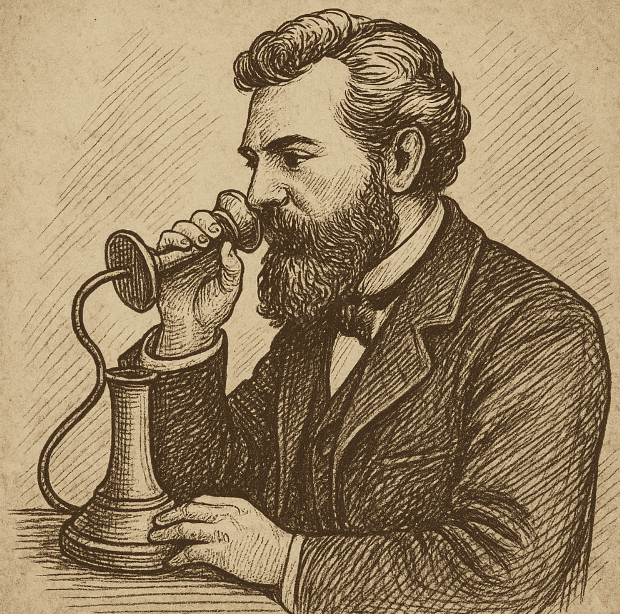 Sepia ink sketch of Alexander Graham Bell demonstrating the early telephone, cross-hatched style on aged paper
