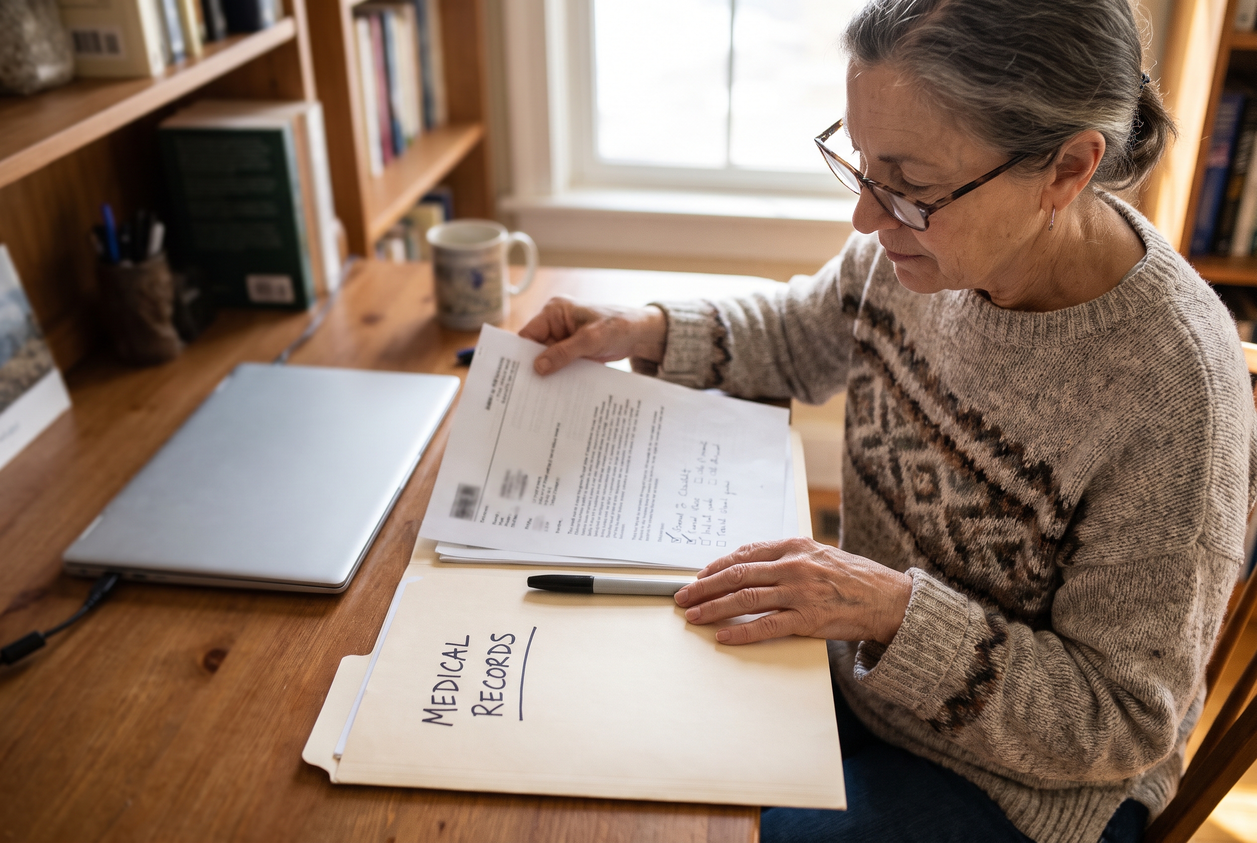 A woman checks a folder of medical records at her home desk.