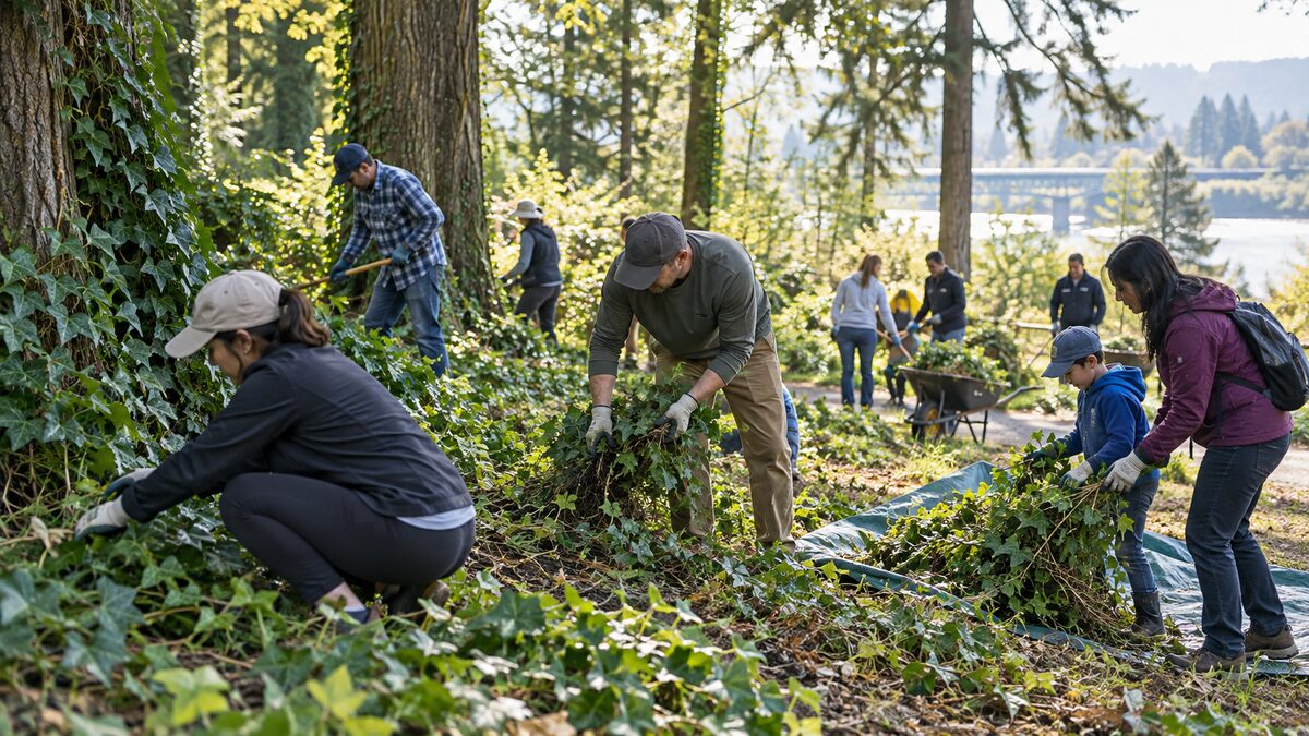Photorealistic editorial illustration of volunteers removing invasive ivy at Mackie Park in North Delta