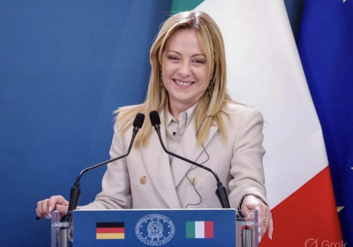 Giorgia Meloni's face from a real January press conference, paired with words a cloned voice invented