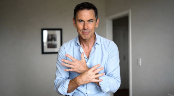 Man rubbing hands together and opening fingers wide