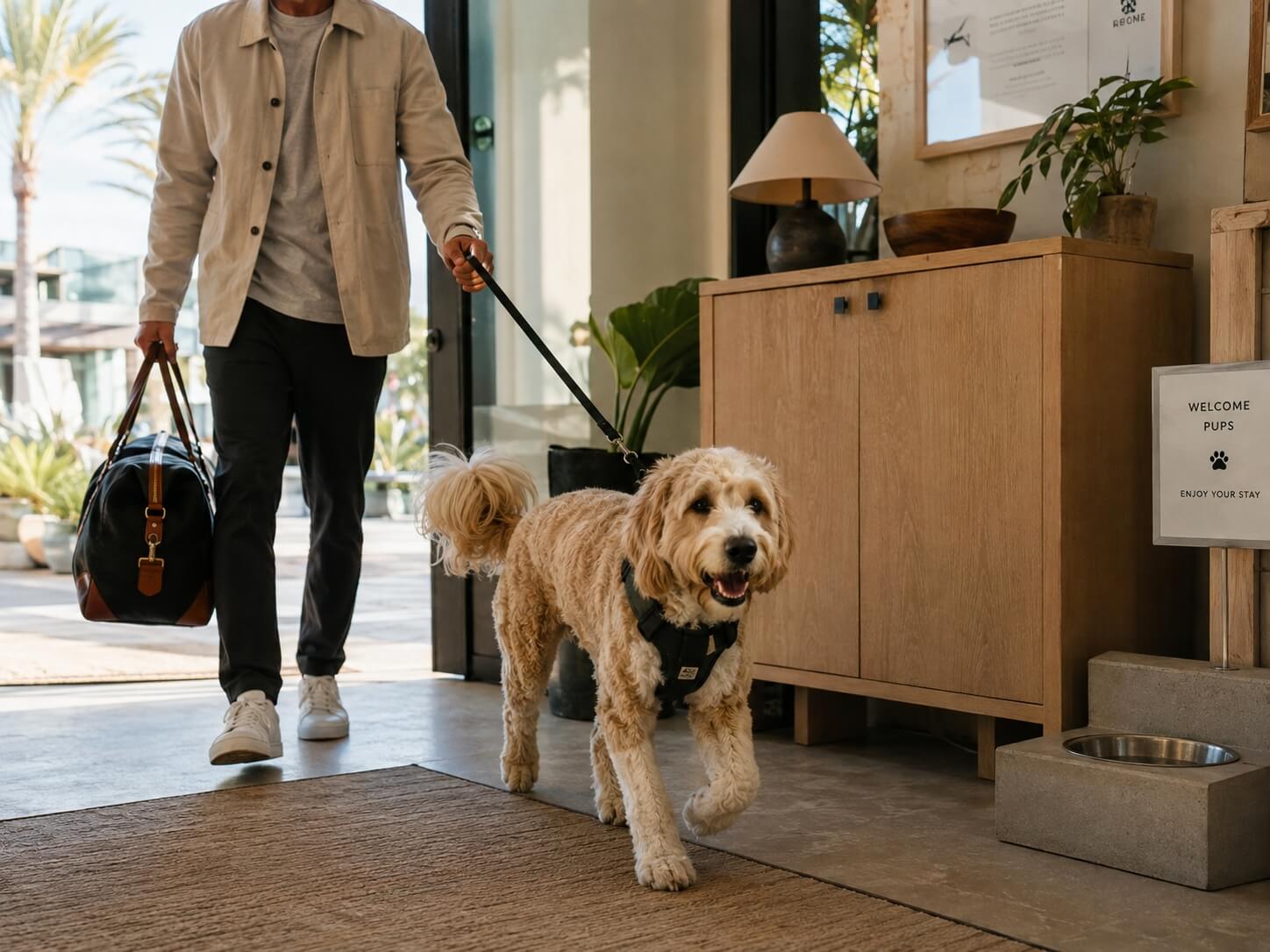 A dog arriving at a modern pet-friendly hotel