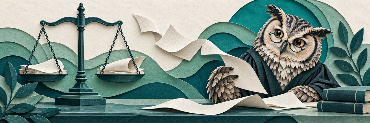 An owl in spectacles and judicial robes reviews papers beside balanced scales, in layered cream, sage and deep-teal paper.