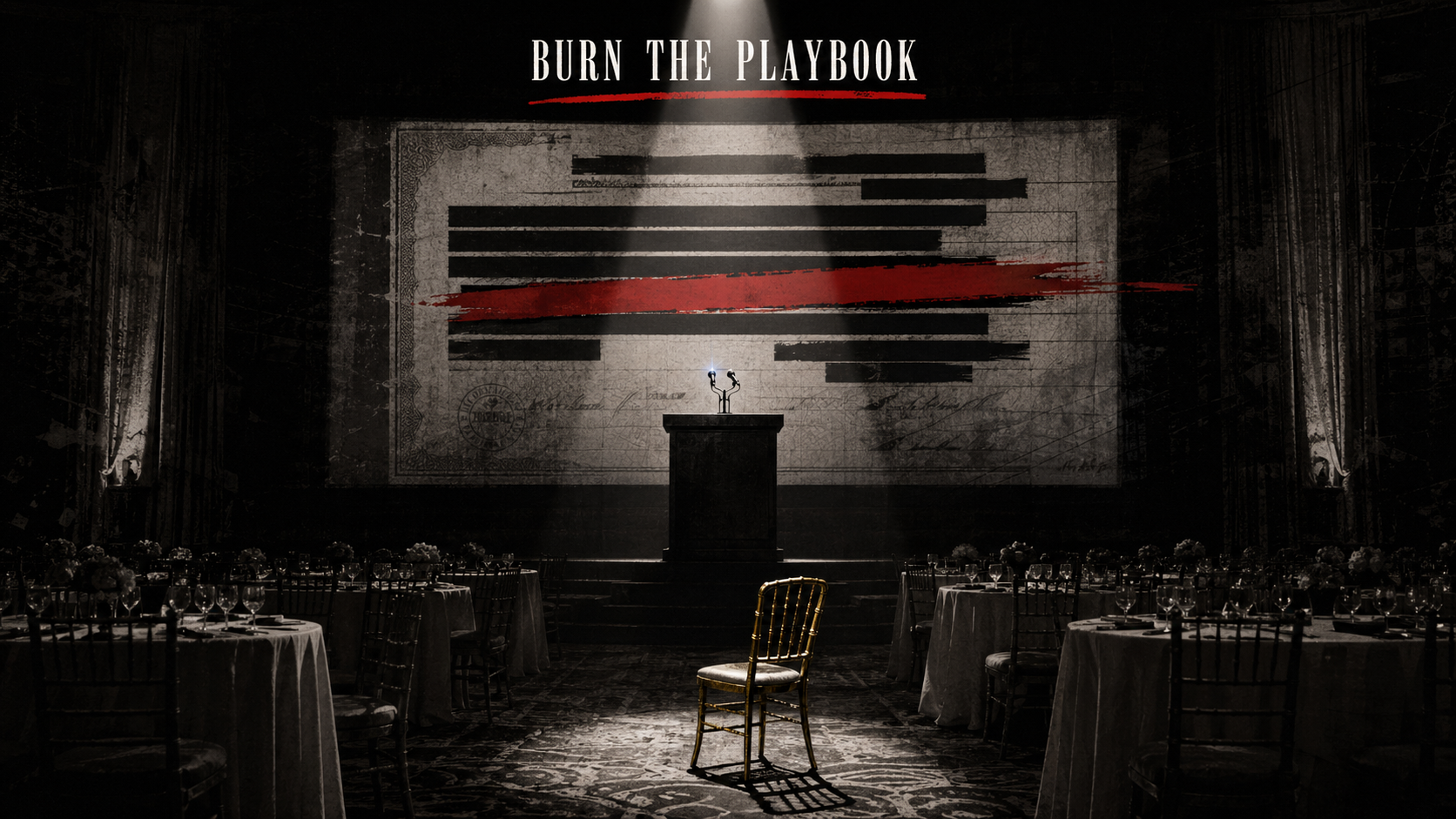 A symbolic high-contrast image of an empty banquet room with a podium, microphones, redacted document bars, and one isolated gold chair.