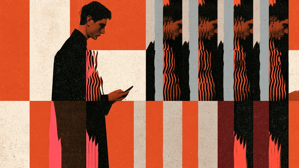 An illustration of a figure looking at a phone, their outline repeating and smearing across striped panels