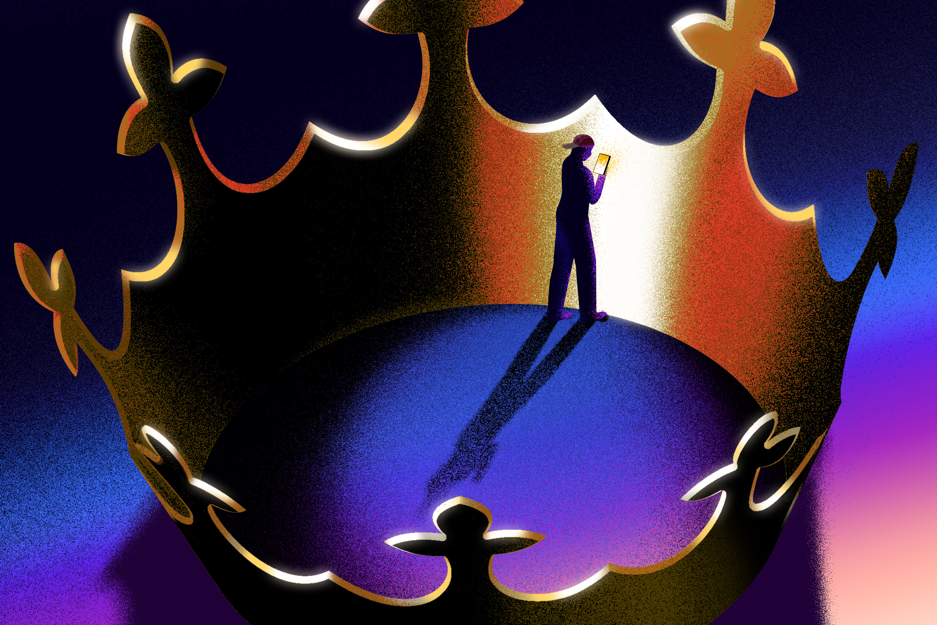 Illustration of a golden crown trapping a person in a baseball cap looking at a glowing smartphone