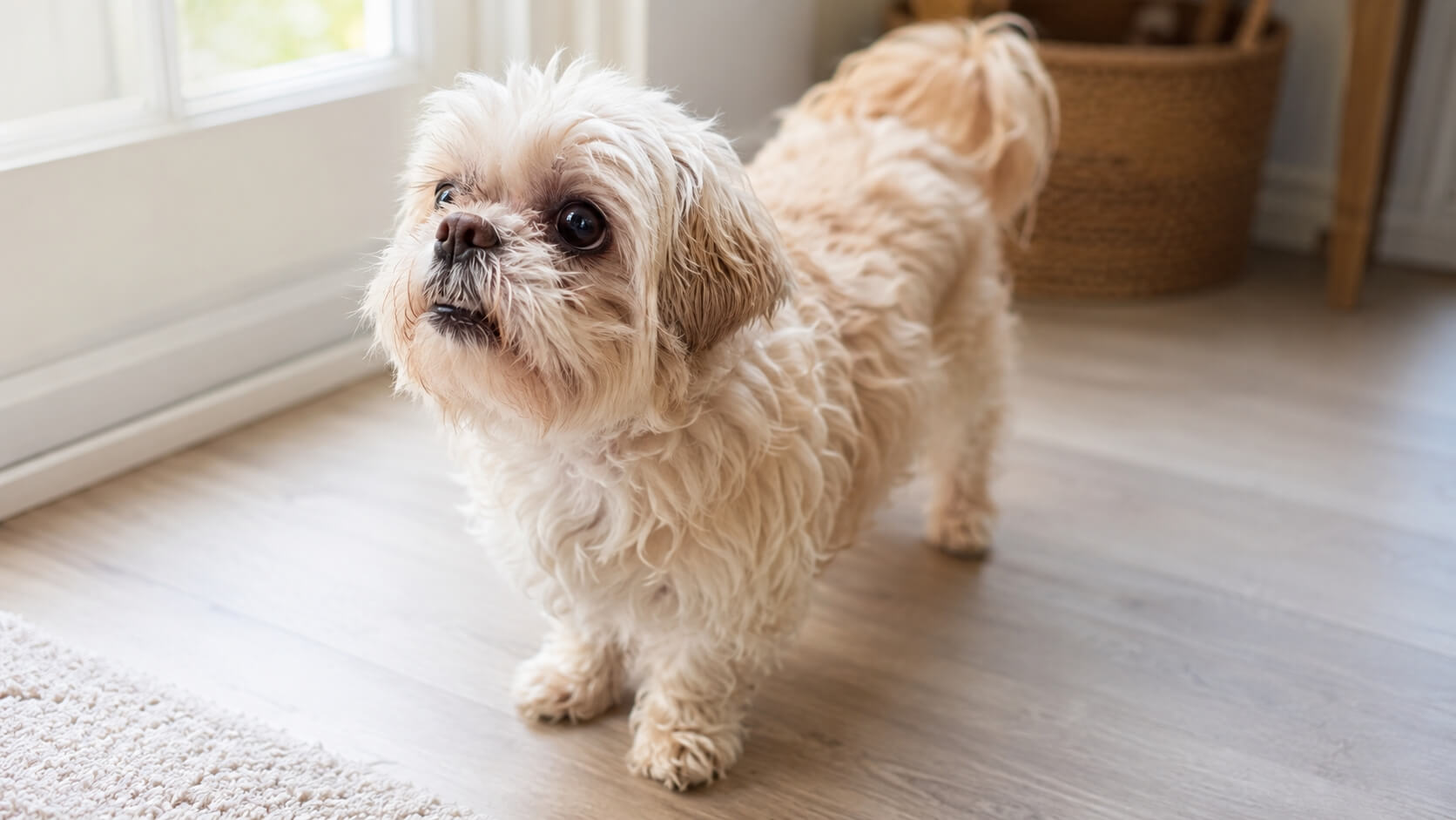 A senior Shih Tzu sits calmly at home after being reunited with his family.