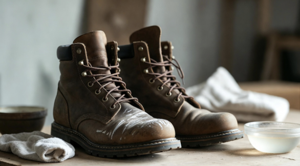 Leather work boots being wiped with a cloth