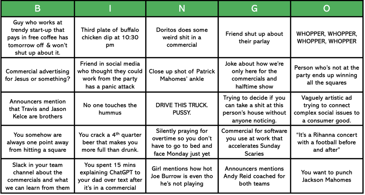 2023 Super Bowl Party Bingo Board