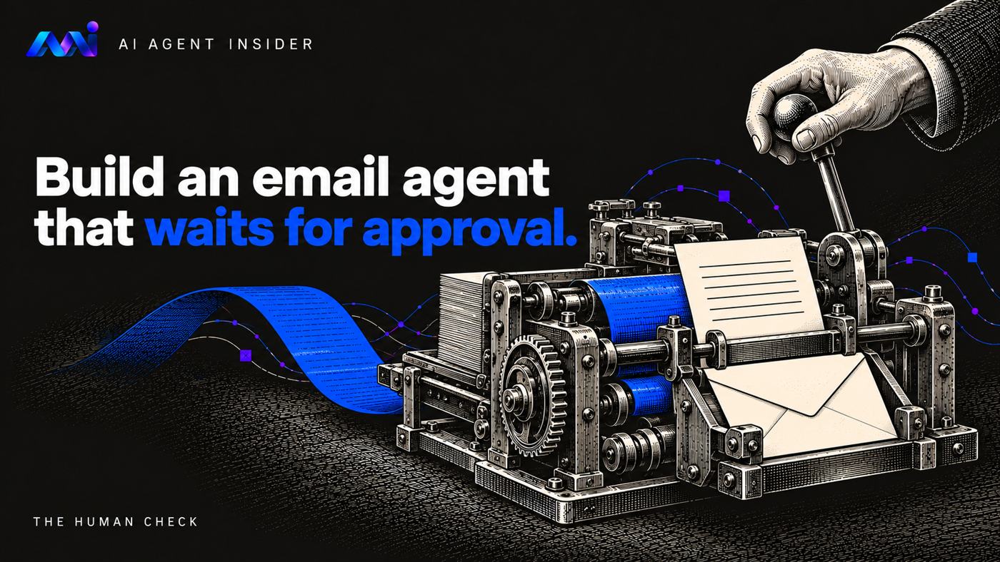 An engraved email-drafting machine waits at a human approval lever