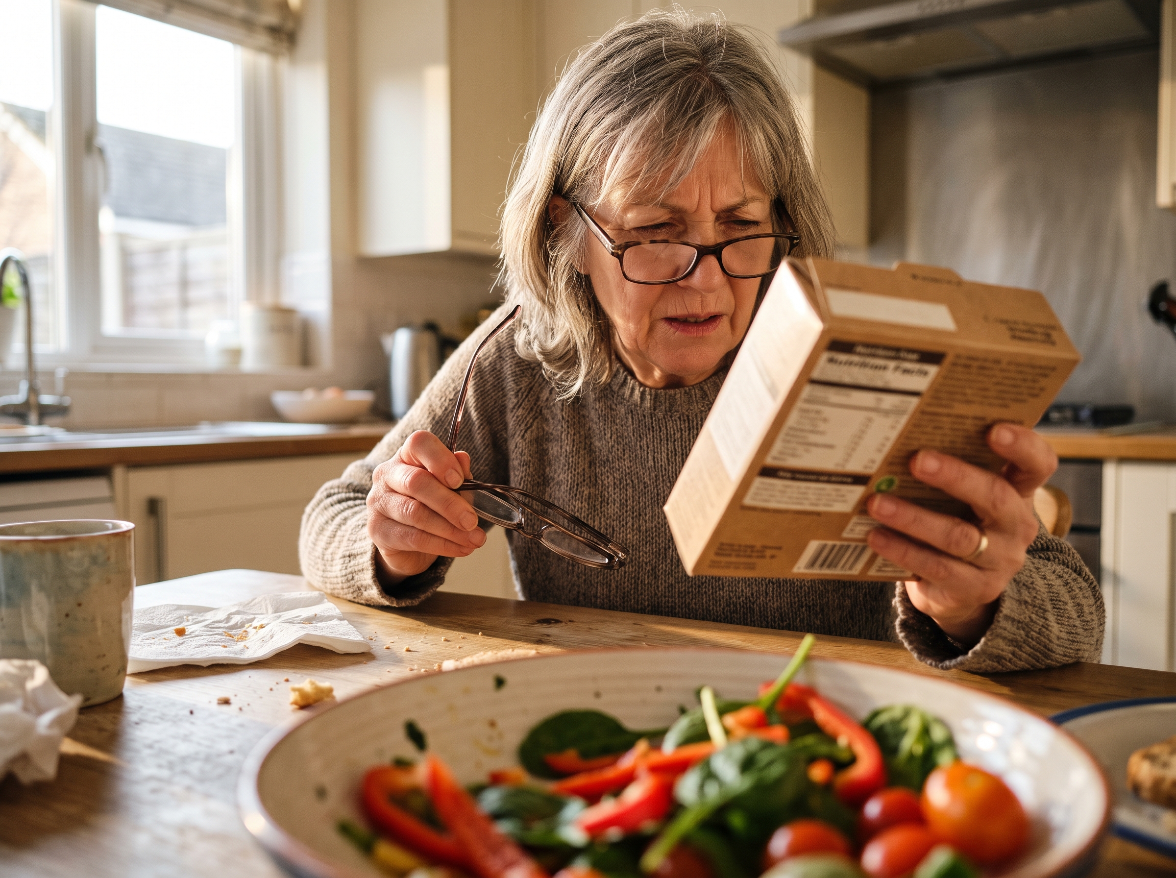 Illustrative scene: Candid smartphone close-up of woman about 65 at kitchen table holding glasses and reading a food package with naturally small unreadable label