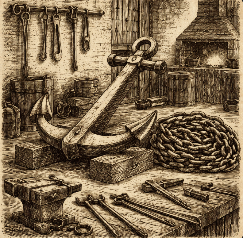 Vintage nautical workshop with early iron anchors, chains, and forging tools, no people or text