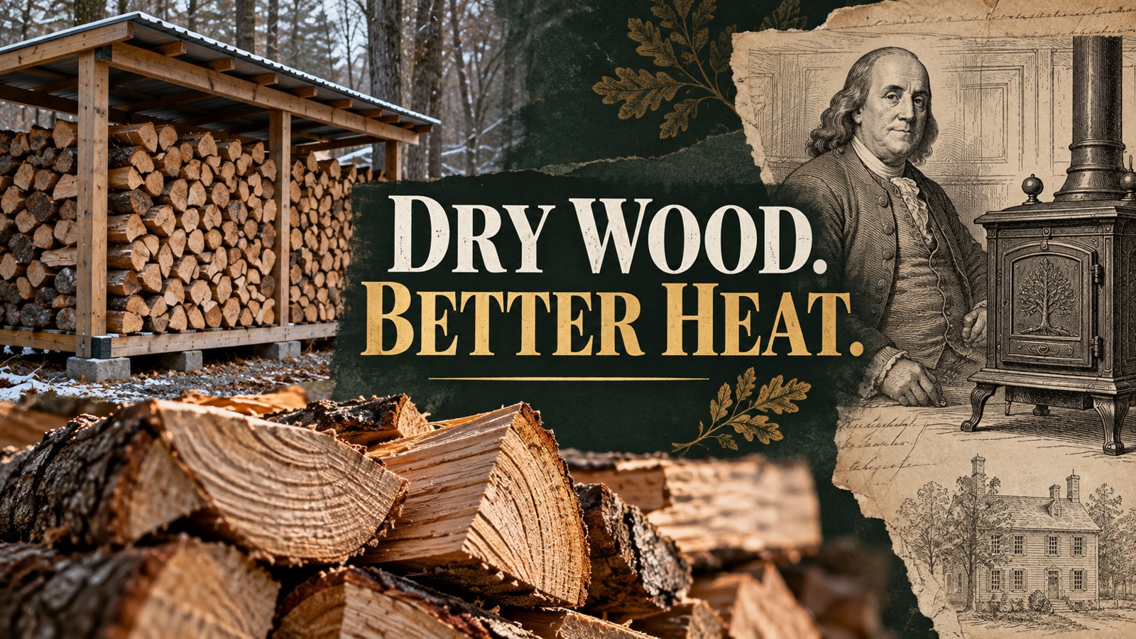 Illustrative documentary collage: DRY WOOD. BETTER HEAT.