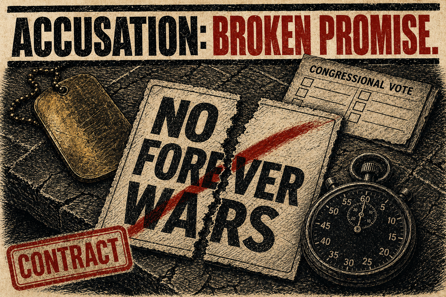 A torn no-forever-wars promise card sits beside a dog tag, congressional vote card, and stopwatch.