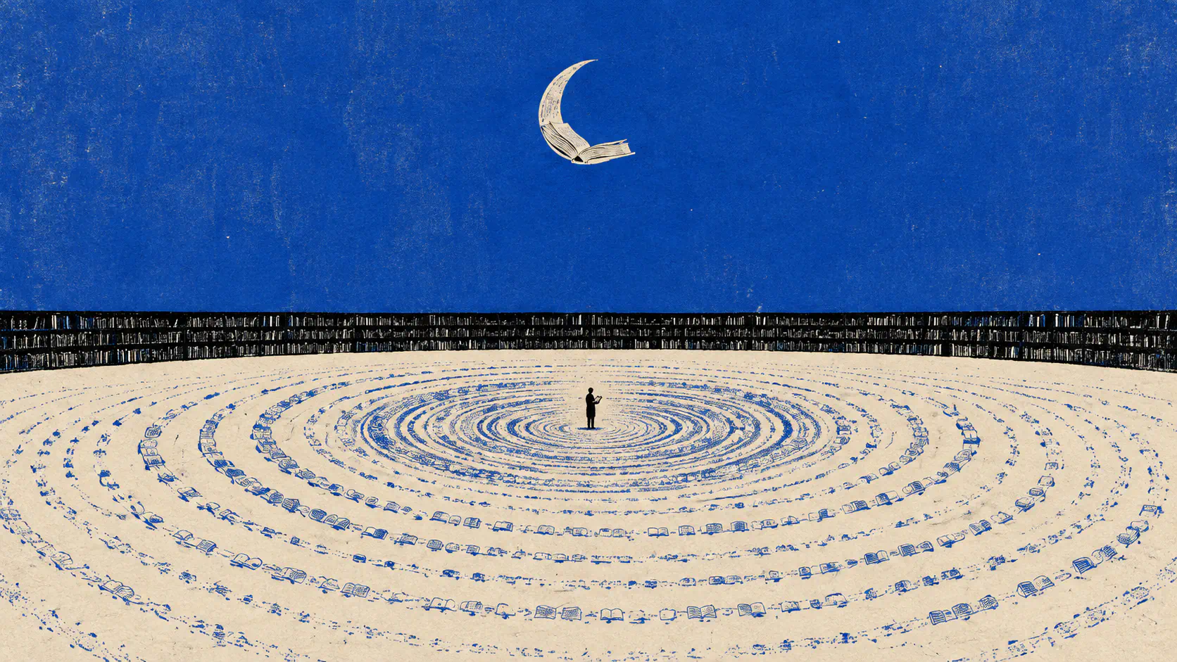 Surreal cobalt-blue and ivory landscape with concentric book-shaped ripples, a tiny reader, a distant bookshelf horizon, and a crescent moon shaped like an open book.