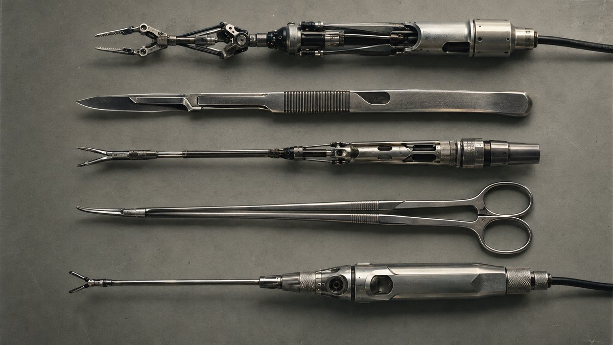 A row of surgical instruments laid out on grey, from a scalpel and forceps to robotic grippers