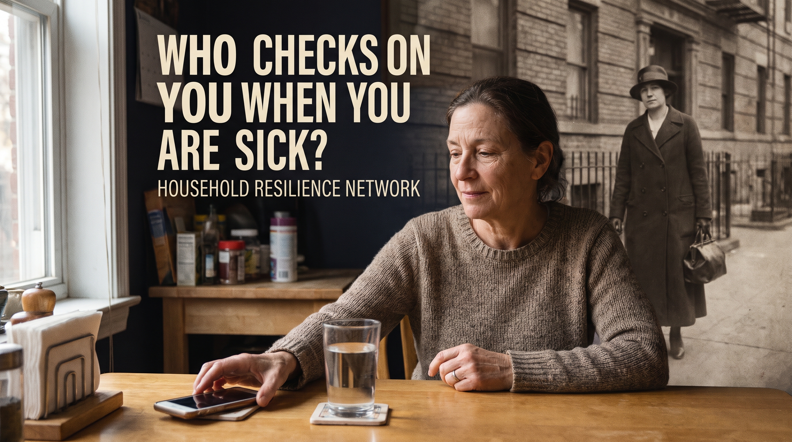 Illustrative documentary-style montage: A woman about 55 at home setting her phone beside a glass of water, warm realistic domestic scene. Background subtle reconstructed monochrome 1918 visiting nurse carrying bag outside brick tenement. Compassion, practical care, no hospital horror.