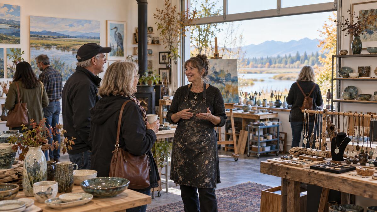 Visitors meeting a local artist during an open studio tour in Delta, British Columbia