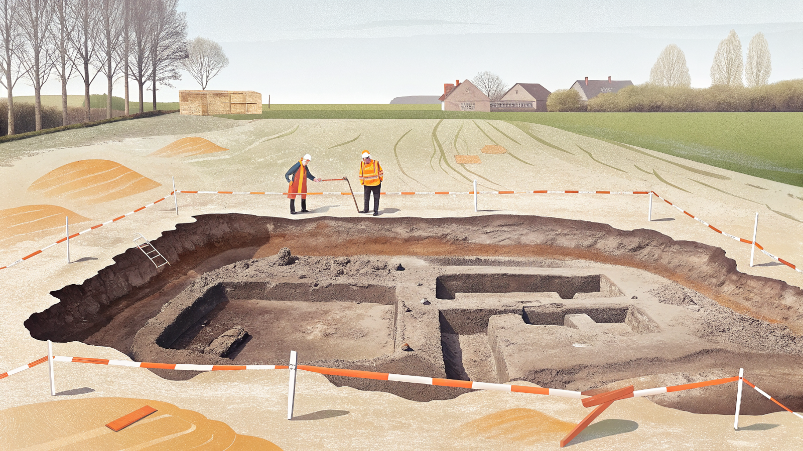 Illustration af en åben arkæologisk udgravning på en mark, med afmærkningsbånd og synlige fundamentspor i jorden