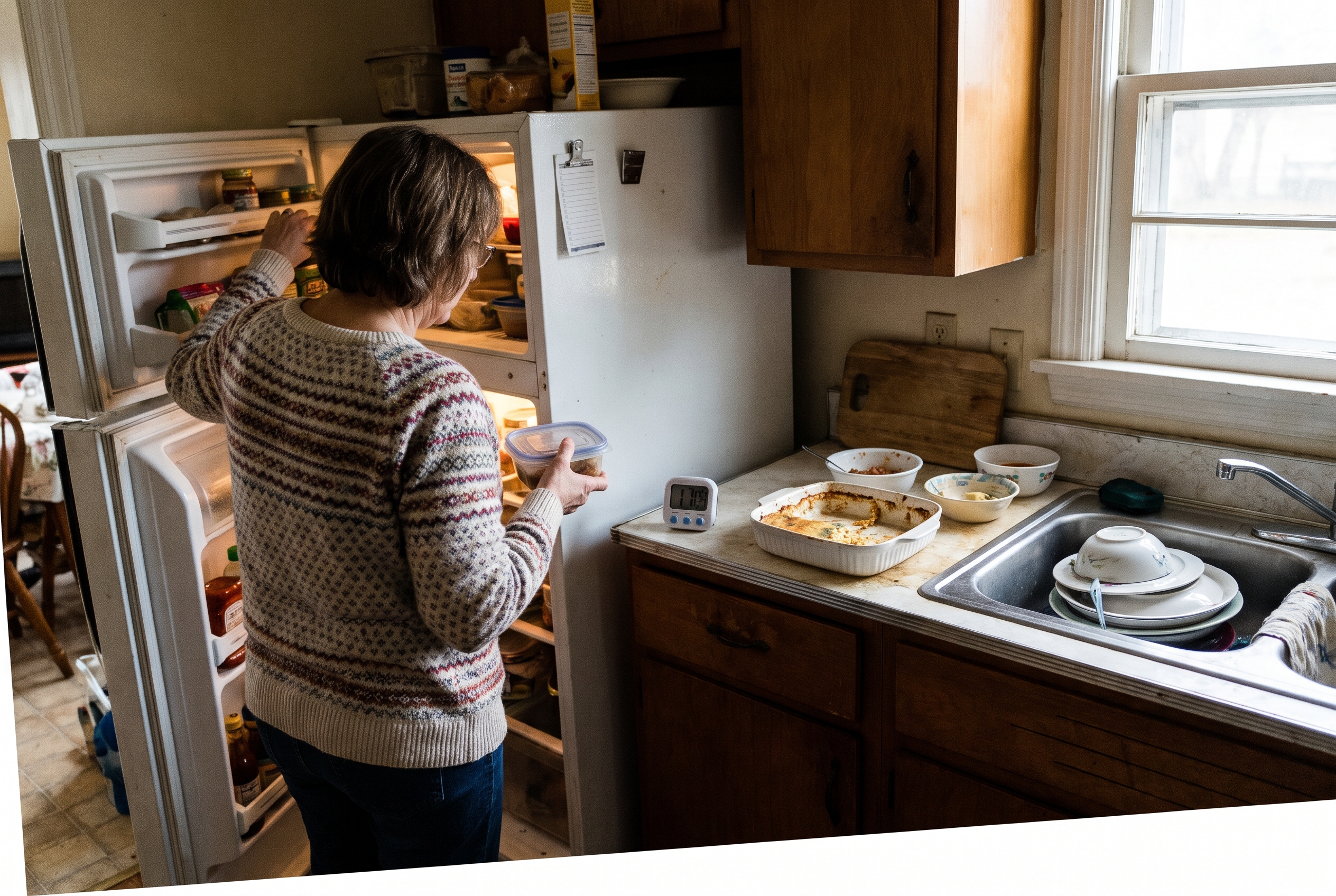 Illustrative household action: Candid phone photo woman about 55 in ordinary kitchen putting a small shallow covered food container into refrigerator after a modest family gathering, simple kitchen timer on counter and remaining food in small dishes, no giant buffet.