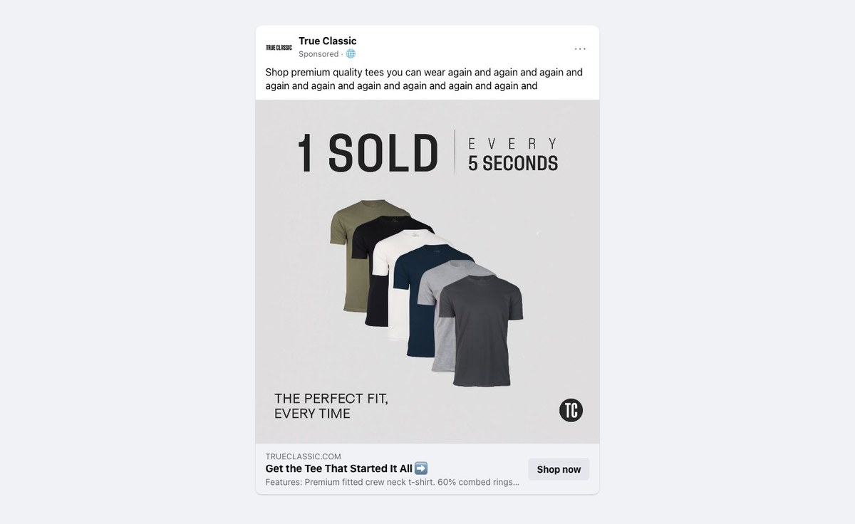 A True Classic Facebook ad reading 1 sold every 5 seconds