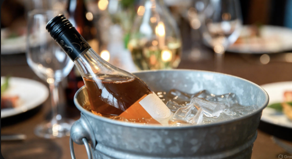 Wine bottle in a bucket of ice water and salt