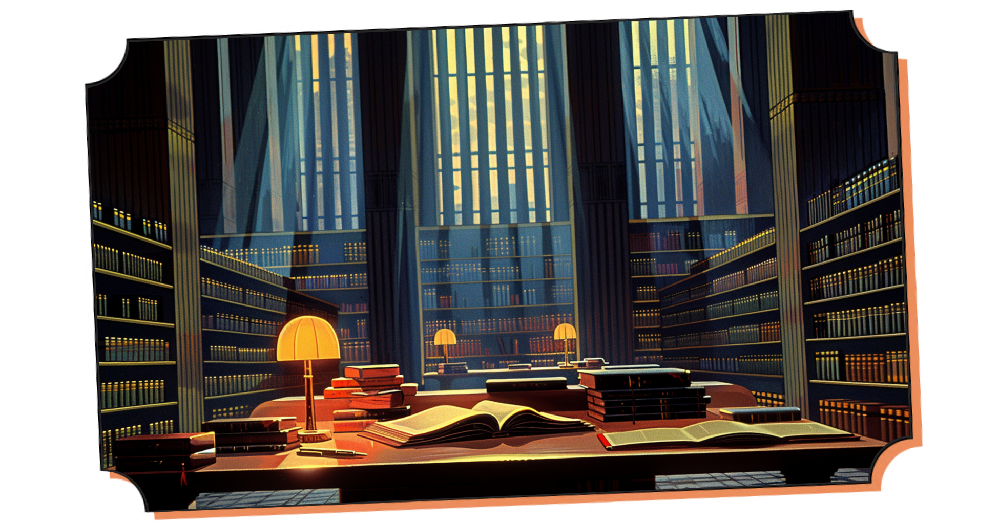 Un archiviste solitaire dans une cathédrale de manuscrits. La newsletter comme œuvre patiente. Illustration art déco originale, Latent.