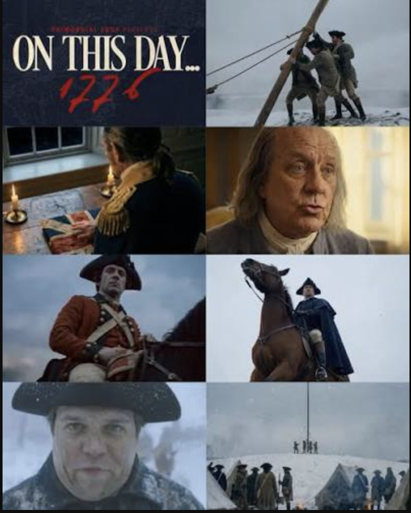 A still from the trailer of an AI-made Revolutionary War series, showing Thomas Paine's pamphlet with garbled text reading AMEREED instead of America