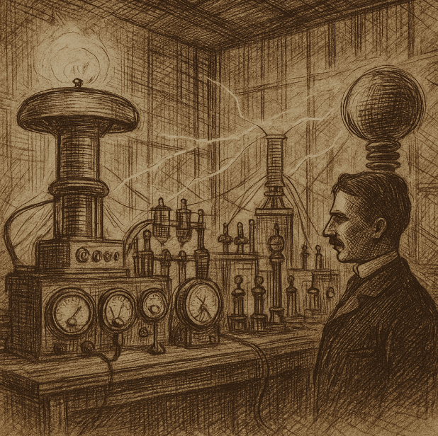 Sepia-toned ink drawing of Nikola Tesla’s laboratory with large coils, gauges, and instruments, rendered in cross-hatching on aged paper