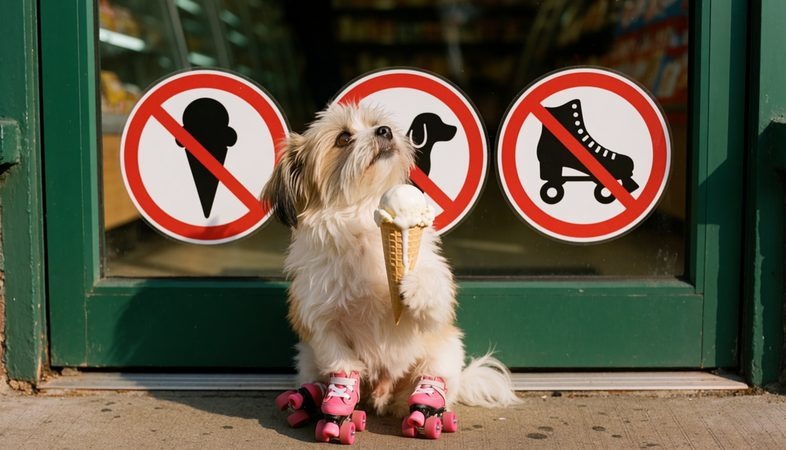 A fluffy dog on pink roller skates holding an ice cream cone outside a shop door with three signs banning ice cream, dogs and roller skates