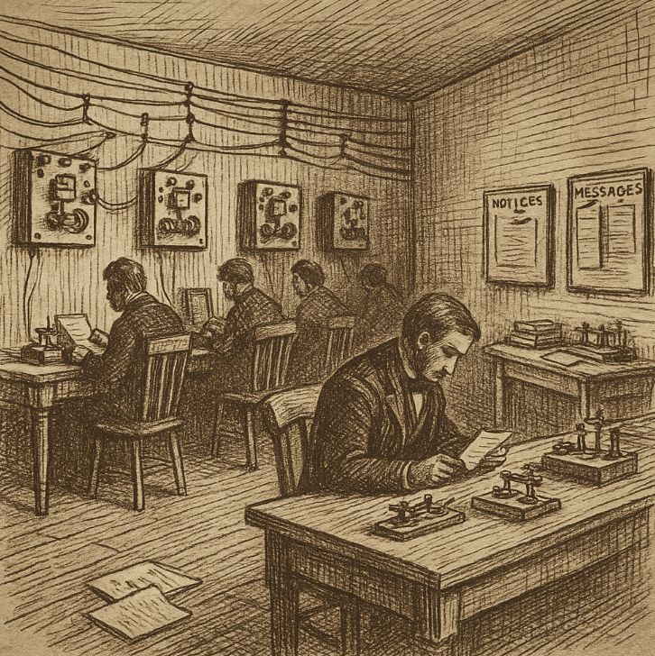Sepia-toned ink sketch of a 19th-century telegraph office with wires, instruments, and messages, cross-hatched shading on aged paper