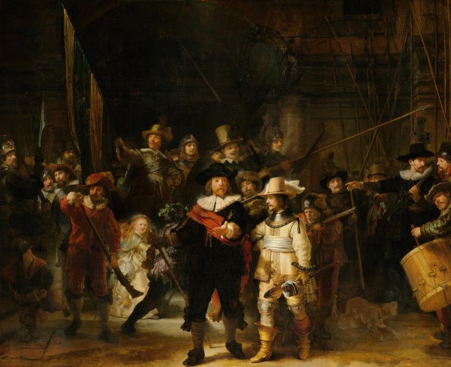 A crowd of armed civic guards spilling out of a dark archway, led by a captain in black and a lieutenant in gold, with a small dog crouching at the lower right