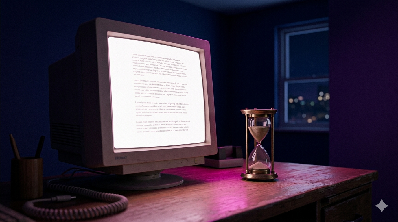 Monitor CRT com blog rudimentar e ampulheta