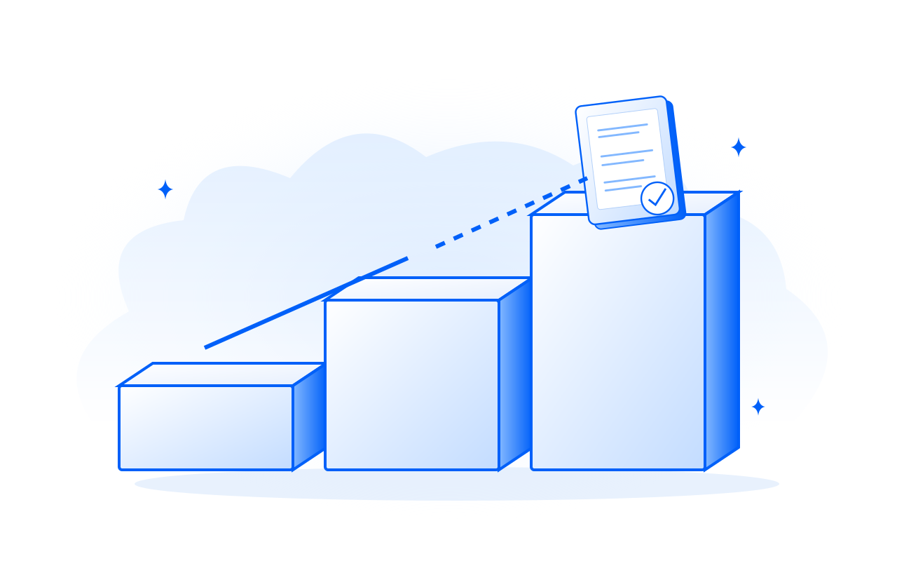 Three increasing platforms with a conditional final connection. Conceptual market-stage illustration.