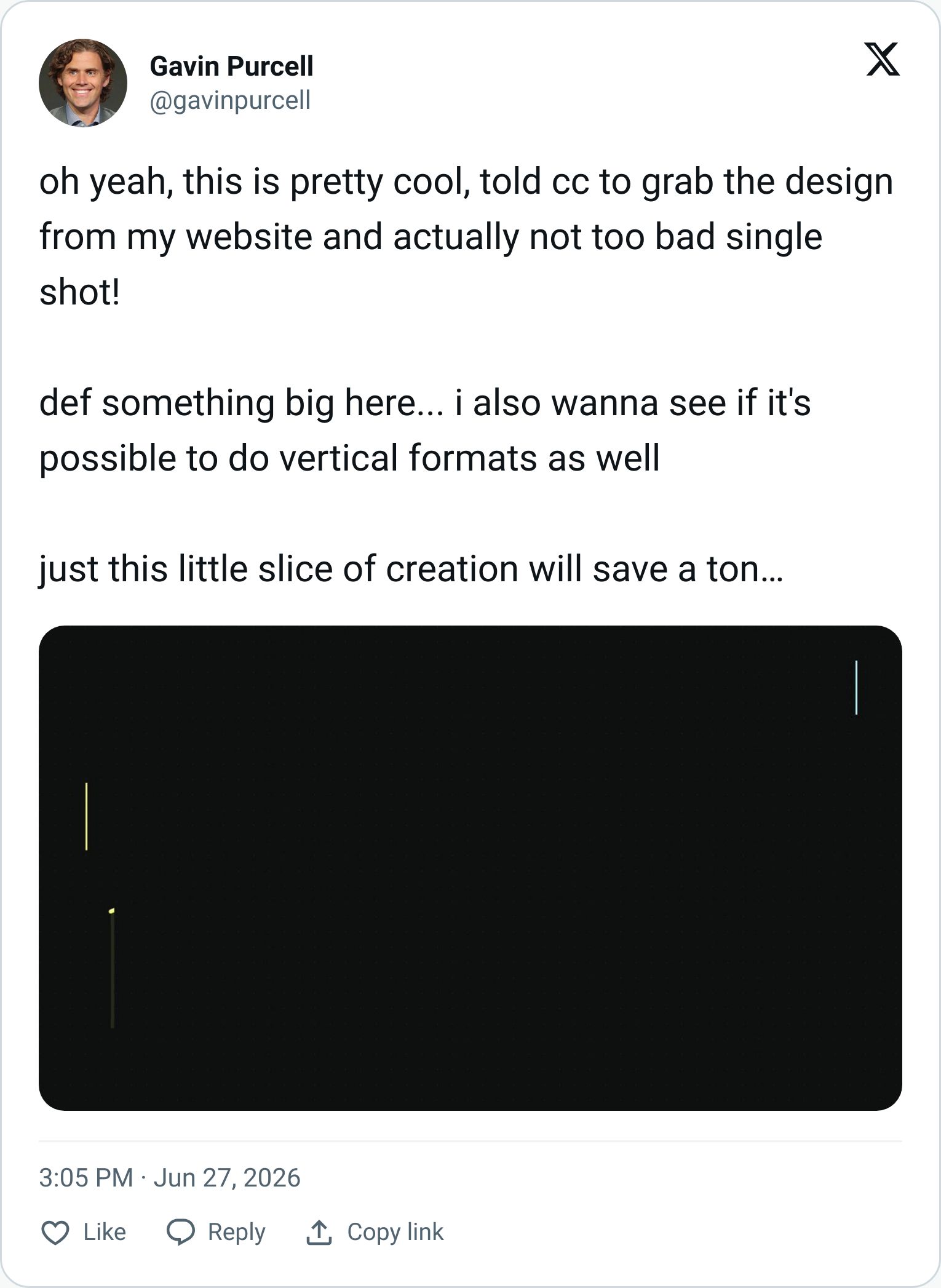 Gavin Purcell tweet showing the finished HyperFrames motion graphic