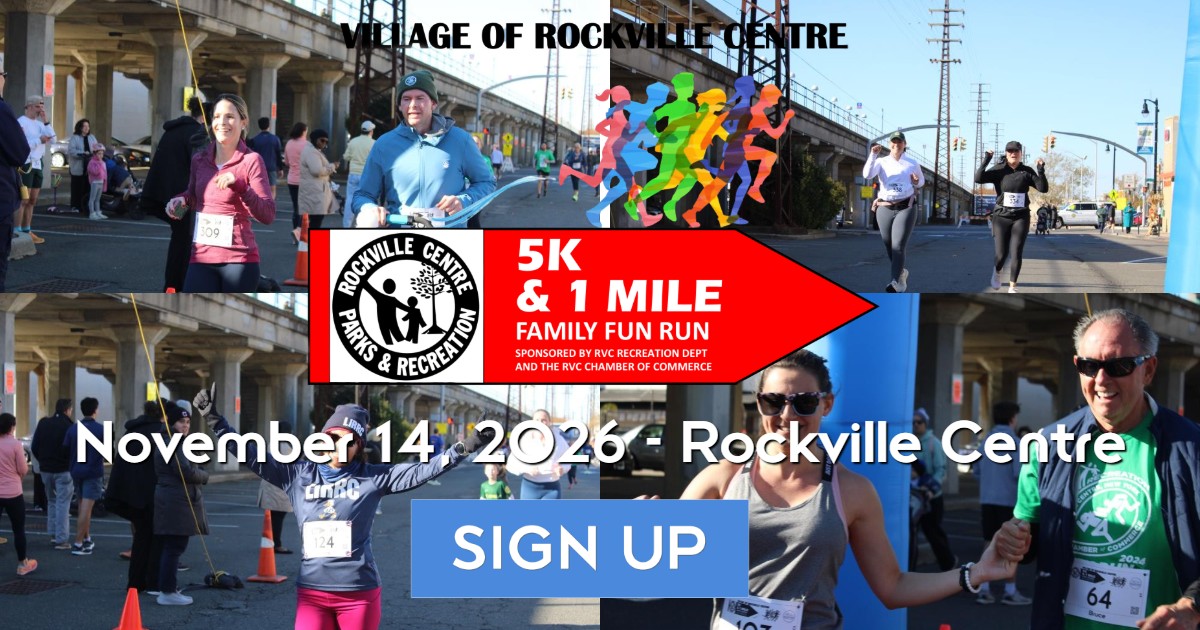 Official Rockville Centre 5K and 1 Mile Family Fun Run artwork for November 14, 2026.