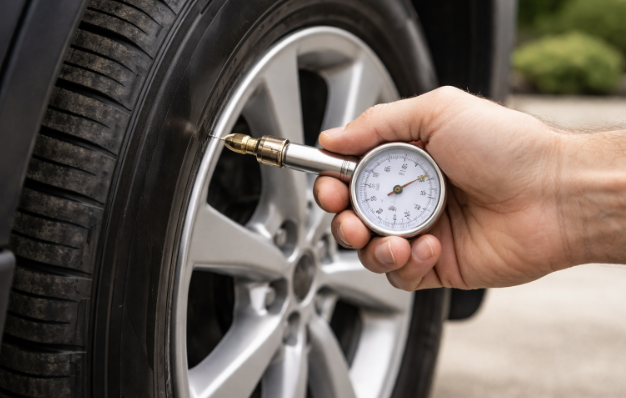 Hand using a tire pressure gauge on a car tire