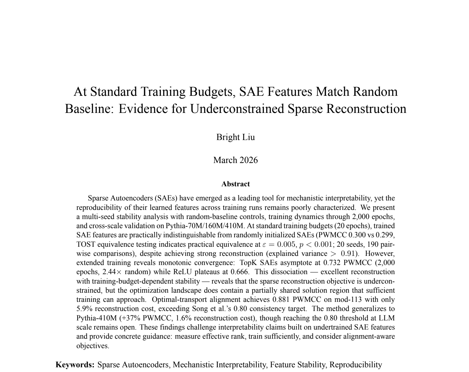 At Standard Training Budgets, SAE Features Match Random Baseline: Evidence for Underconstrained Sparse Reconstruction