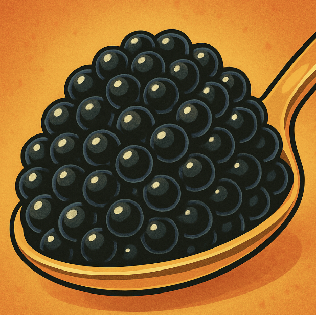 A close-up of shiny black caviar-like beads on a spoon, highlighting natural textures and vibrant colors - Vibrant colors, cartoon style with exaggerated content. An art style mix of Family Circus and The Jetsons.