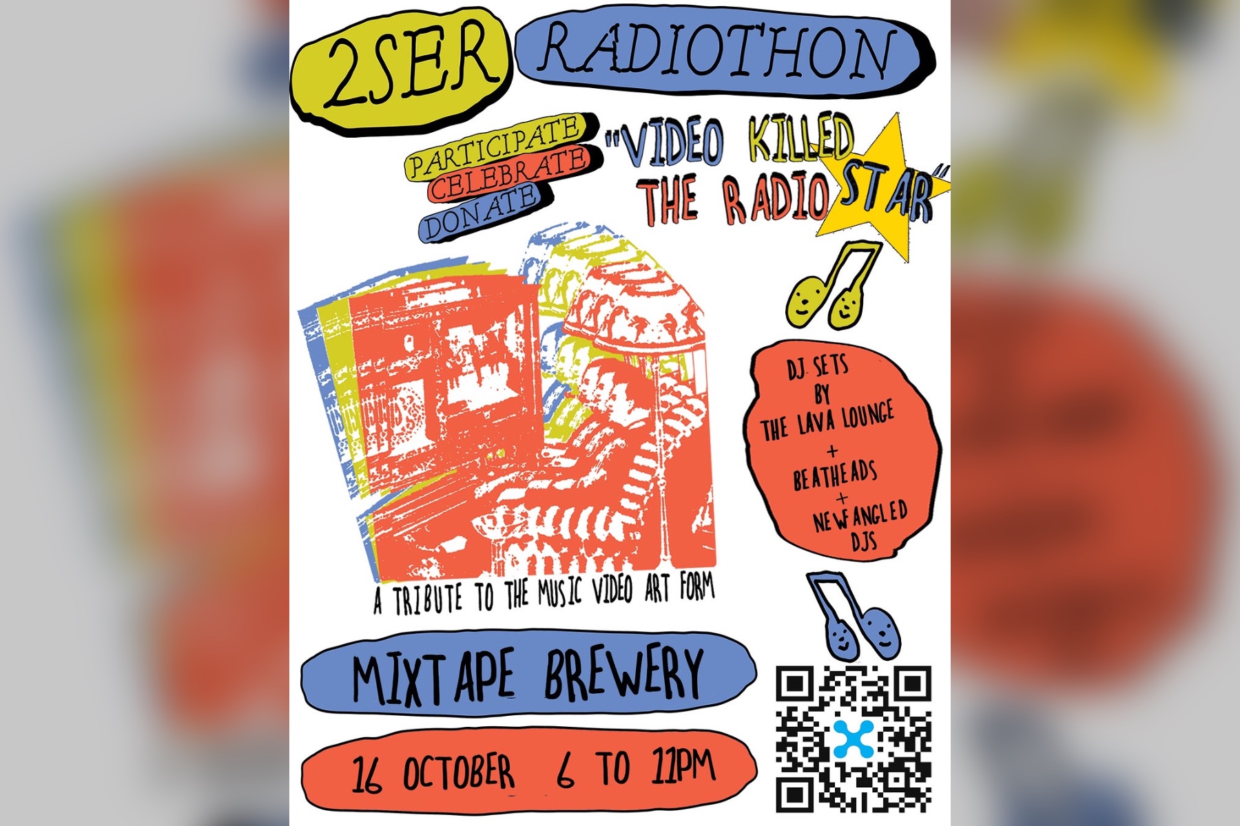 Illustrated poster for 2SER Radiothon Video Killed the Radio Star