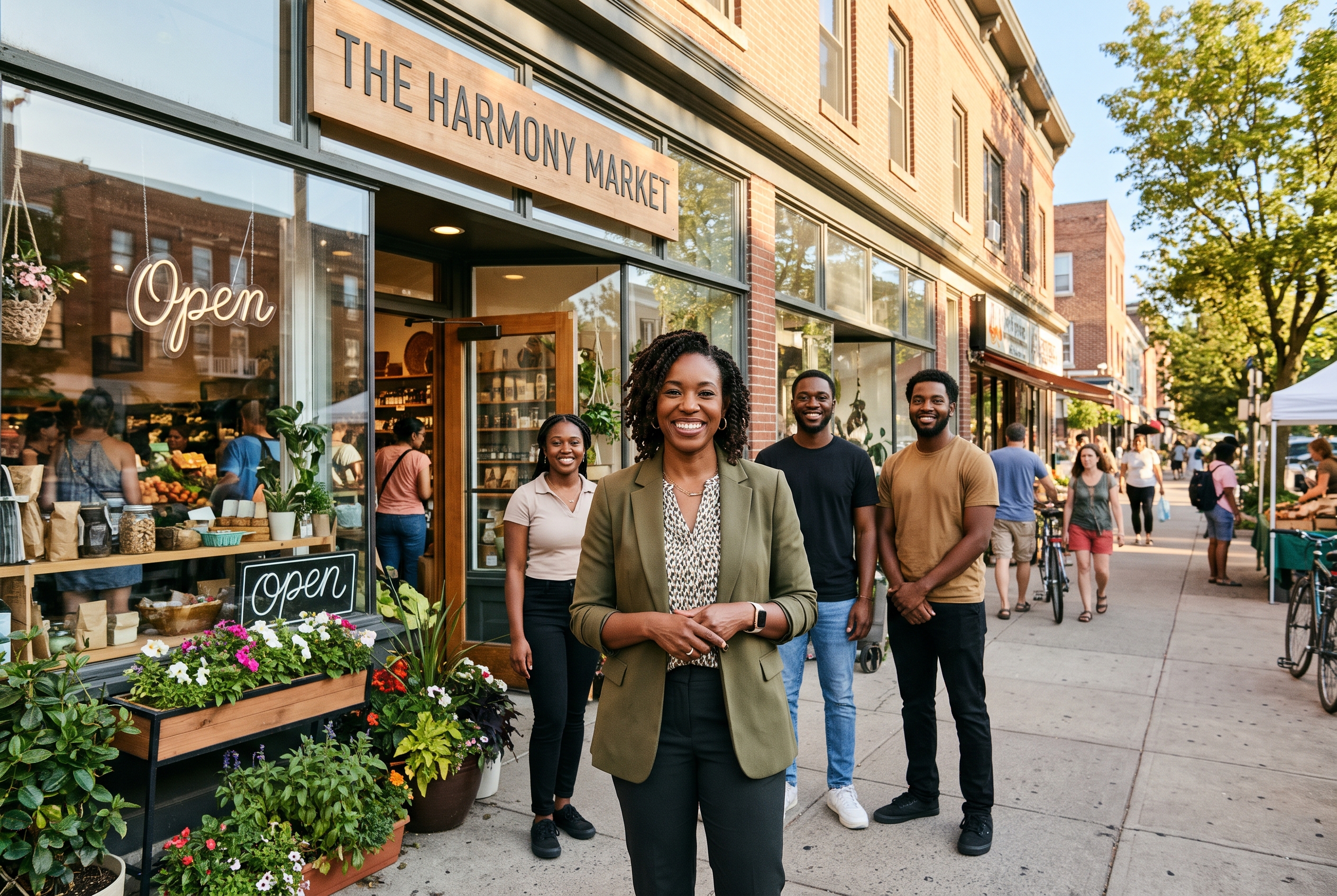 Proud Black woman business owner in front of her thriving storefront with her team